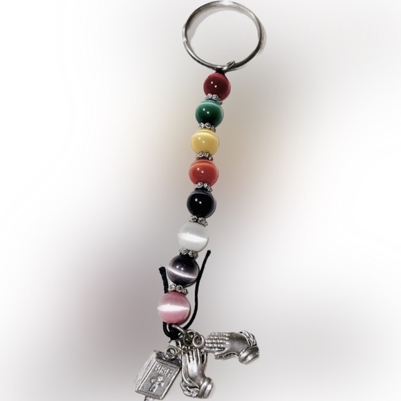 🍄Charm KeyChain Beads Bible Praying Hands 5” Long 1” Ring Key - Picture 1 of 5
